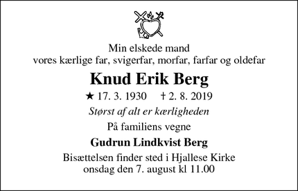 Dødsannoncen for Knud Erik Berg - odense