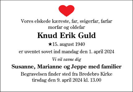 Dødsannoncen for Knud Erik Guld -  Bredebro