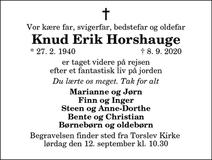 Dødsannoncen for Knud Erik Horshauge - Sæby