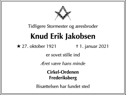 Dødsannoncen for Knud Erik Jakobsen - Frederiksberg