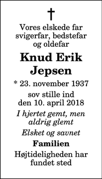 Dødsannoncen for Knud Erik Jepsen - Assens