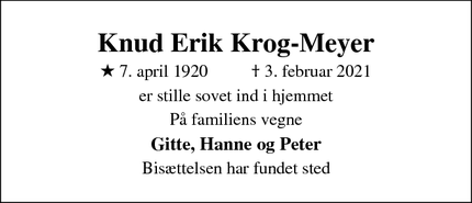 Dødsannoncen for Knud Erik Krog-Meyer - Rønde