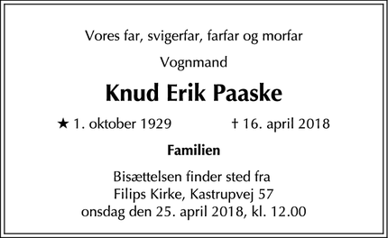 Dødsannoncen for Knud Erik Paaske - København