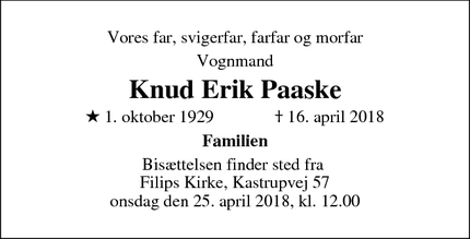 Dødsannoncen for Knud Erik Paaske - København