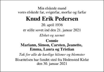 Dødsannoncen for Knud Erik Pedersen - Løsning
