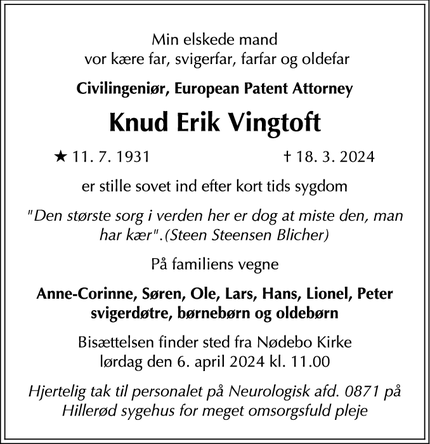 Dødsannoncen for Knud Erik Vingtoft - Ålsgårde