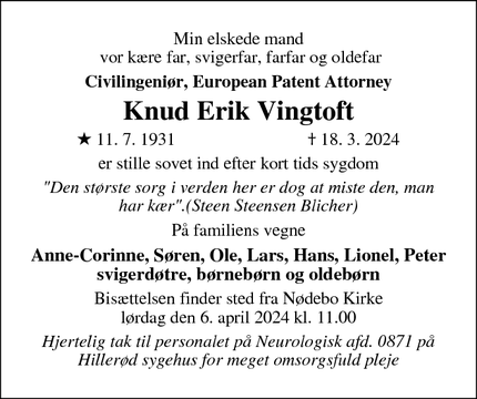 Dødsannoncen for Knud Erik Vingtoft - Ålsgårde