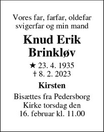 Dødsannoncen for Knud Erik
Brinkløv - Sorø, Pedersborg