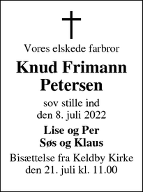 Dødsannoncen for Knud Frimann
Petersen - Keldby