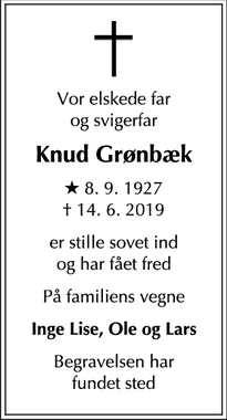 Dødsannoncen for Knud Grønbæk - Hellerup
