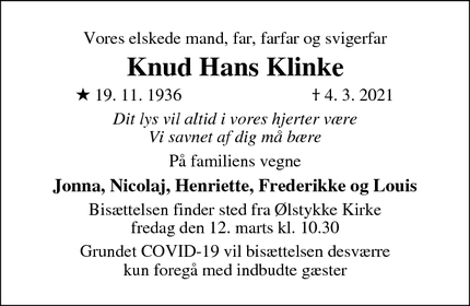 Dødsannoncen for Knud Hans Klinke - Ølstykke