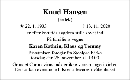 Dødsannoncen for Knud Hansen
Falck - Stenløse