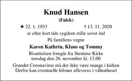 Dødsannoncen for Knud Hansen
Falck - Stenløse