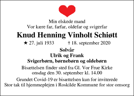 Dødsannoncen for Knud Henning Vinholt Schiøtt - Roskilde