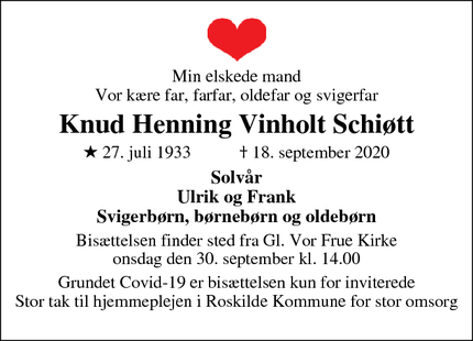 Dødsannoncen for Knud Henning Vinholt Schiøtt - Roskilde