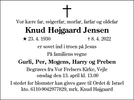 Dødsannoncen for Knud Højgaard Jensen - Sønderjylland (vest) og Varde-Ølgod