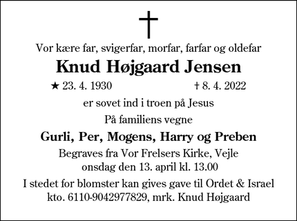 Dødsannoncen for Knud Højgaard Jensen - Sønderjylland (vest) og Varde-Ølgod