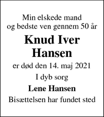 Dødsannoncen for Knud Iver
Hansen - Stavtrup