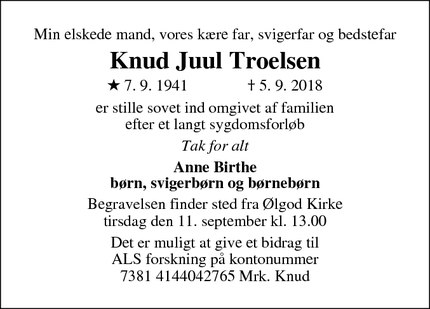 Dødsannoncen for Knud Juul Troelsen - Ølgod