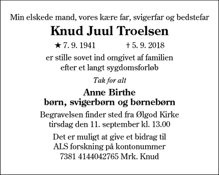 Dødsannoncen for Knud Juul Troelsen - Ølgod