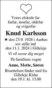 Dødsannoncen for Knud Karlsson - Gilleleje
