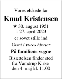 Dødsannoncen for Knud Kristensen - Vamdrup 