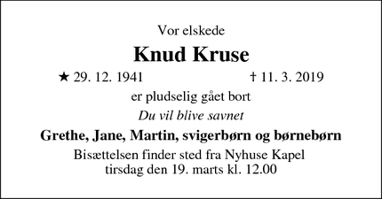 Dødsannoncen for Knud Kruse - Hillerød