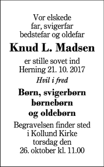 Dødsannoncen for Knud L. Madsen - Herning