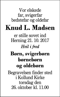 Dødsannoncen for Knud L. Madsen - Herning