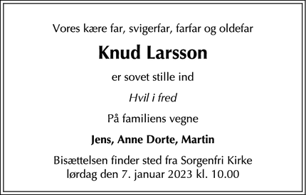 Dødsannoncen for Knud Larsson - Espergærde