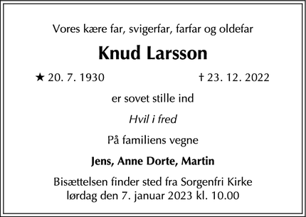 Dødsannoncen for Knud Larsson - Espergærde