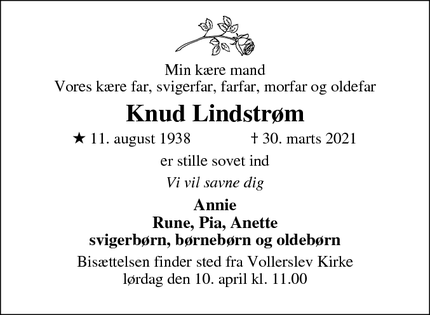 Dødsannoncen for Knud Lindstrøm - Bjæverskov