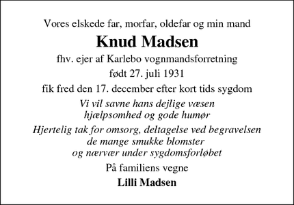 Dødsannoncen for Knud Madsen - Rødovre
