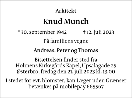Dødsannoncen for Knud Munch - Nexø