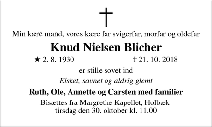 Dødsannoncen for Knud Nielsen Blicher - Holbæk
