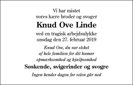 Dødsannoncen for Knud Ove Linde - Grindsted 