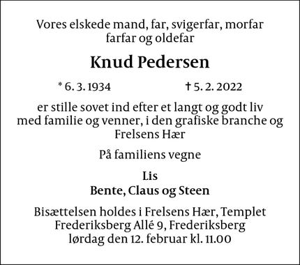 Dødsannoncen for Knud Pedersen - gentofte