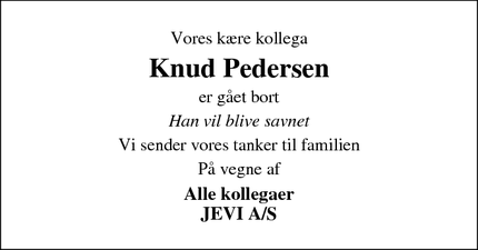 Dødsannoncen for Knud Pedersen - Vejle