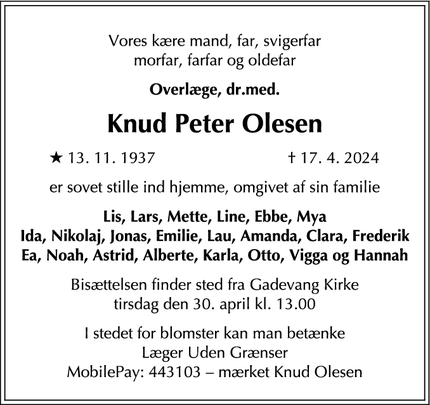 Dødsannoncen for Knud Peter Olesen - Hillerød