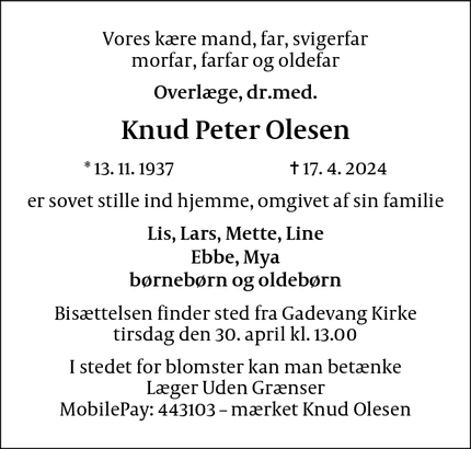 Dødsannoncen for Knud Peter Olesen - Hillerød