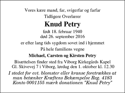 Dødsannoncen for Knud Petry - Viborg
