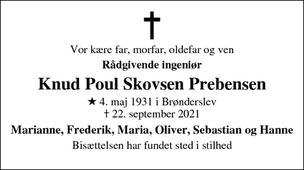 Dødsannoncen for Knud Poul Skovsen Prebensen - Brønderslev