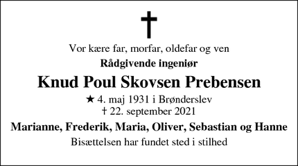 Dødsannoncen for Knud Poul Skovsen Prebensen - Brønderslev 