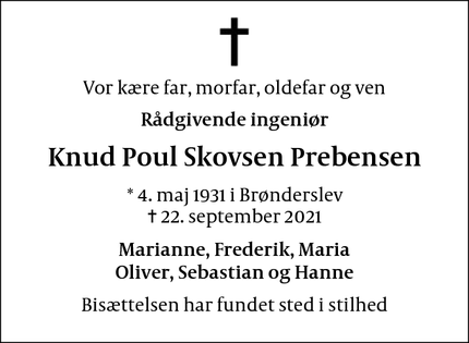 Dødsannoncen for Knud Poul Skovsen Prebensen - Brønderslev 