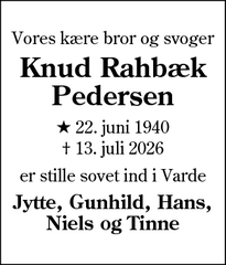 Dødsannoncen for Knud Rahb&aelig;k
Pedersen - esbjerg