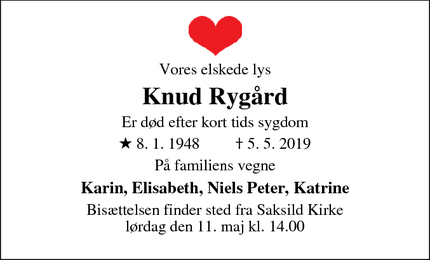 Dødsannoncen for Knud Rygård - Norsminde