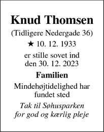 Dødsannoncen for Knud Thomsen - Ebeltoft