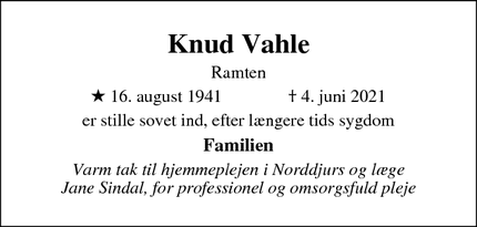 Dødsannoncen for Knud Vahle - Ørum Djurs