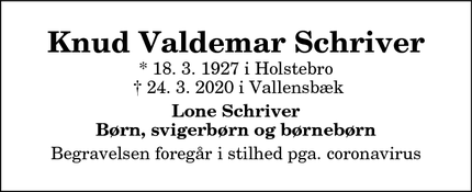 Dødsannoncen for Knud Valdemar Schriver - Valby