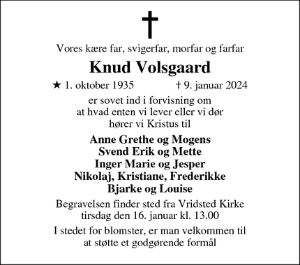 Dødsannoncen for Knud Volsgaard - Vridsted